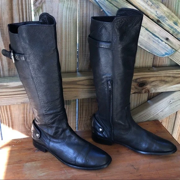 Zara Tall Black Textured Leather Low Heel Back Buckle Side Zip Riding Boots 9